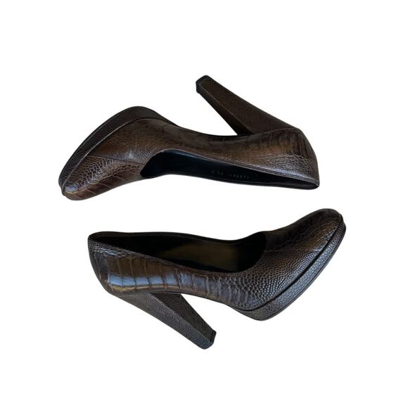 Gucci Leather Crocodile Embossed Thick Heel Pumps Cocoa Timeless Classic 8.5 - Picture 3 of 14